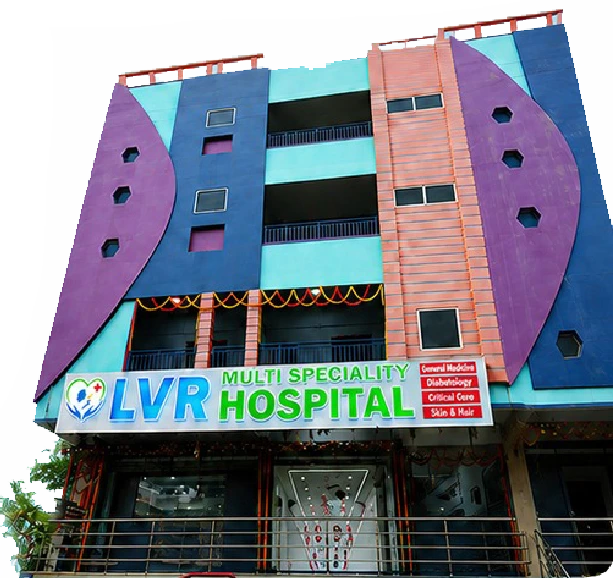 Exterior of LVR Multi Speciality Hospital in Sathupally, with the hospital sign above the entrance